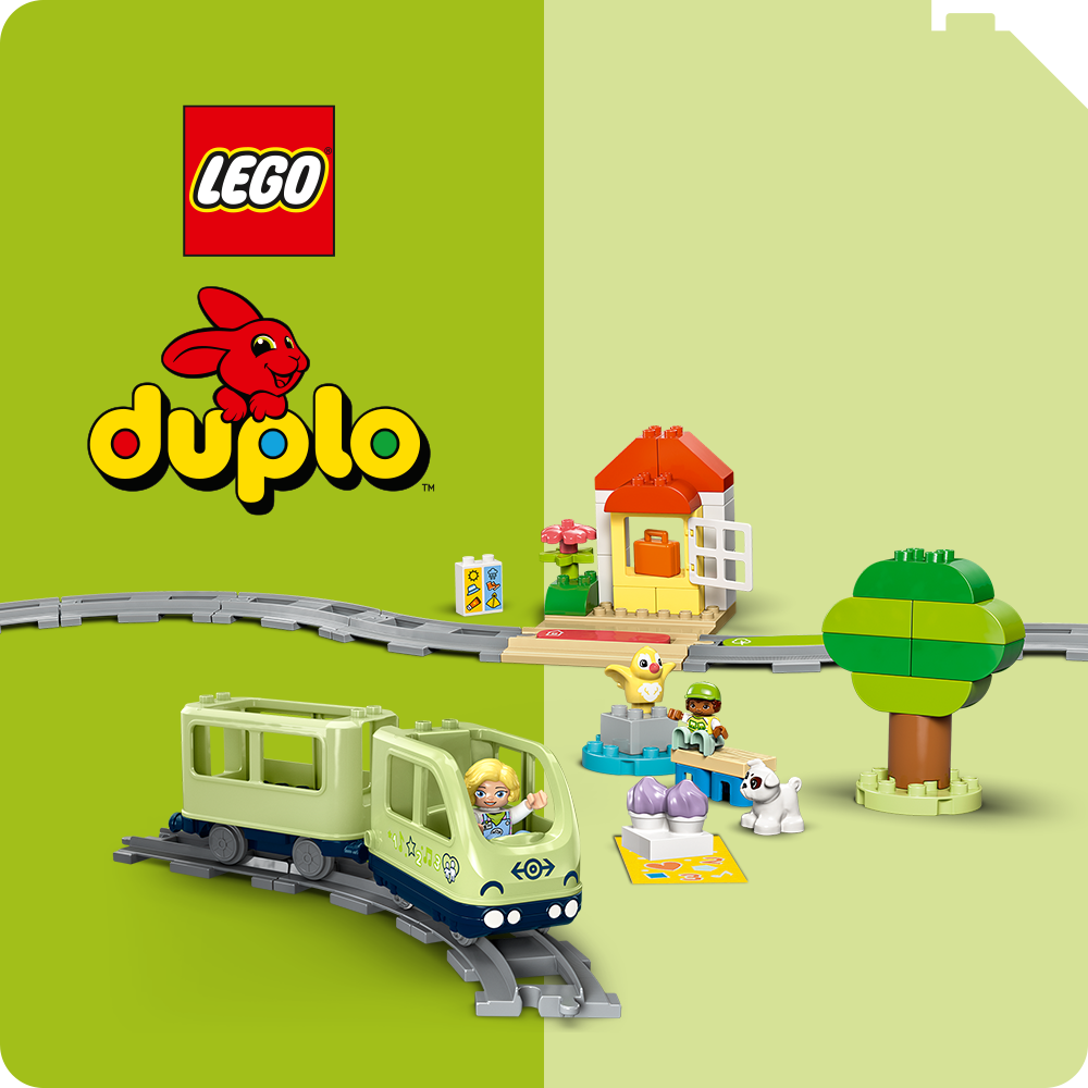 LEGO® DUPLO: színes vonatkészlet kisgyermekeknek, sínekkel, állatokkal és házzal, mely fejleszti a kreativitást és a képzelőerőt játék közben.