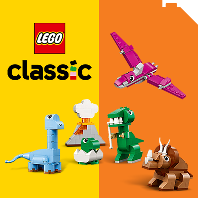LEGO® Classic: kreatív dinoszaurusz és vulkán szett, színes építőelemekkel, amely fejleszti a gyerekek képzelőerejét és alkotókészségét.