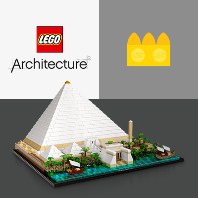 LEGO® Architecture készlet: ikonikus egyiptomi piramis miniatűr modellje, részletes környezettel, folyóval, hajókkal és zöld növényzettel, építészeti csodák kedvelőinek.