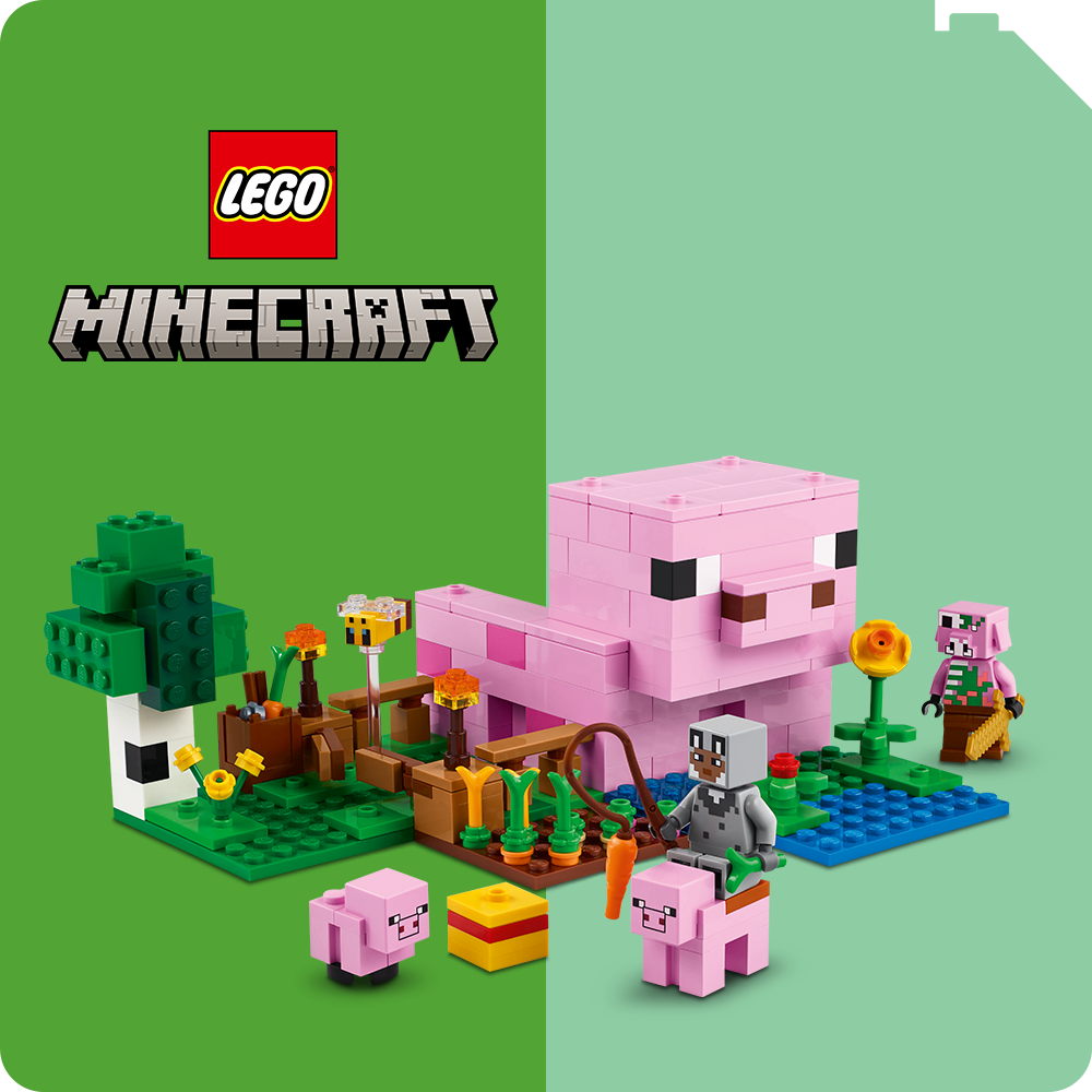 LEGO® Minecraft: kreatív szett farmmal, malacokkal és karakterekkel, mely lehetővé teszi a Minecraft világának életre keltését és saját kalandok építését.