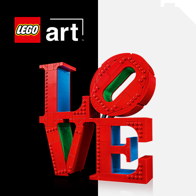 LEGO® Art készlet: ikonikus LOVE szobor LEGO® elemekből, modern és kreatív dekoráció művészetkedvelők számára.