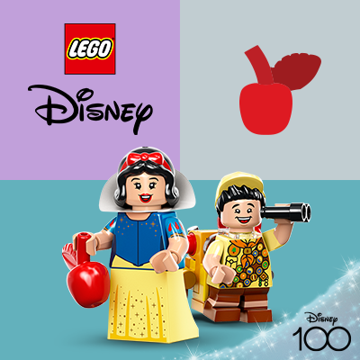 LEGO® Disney: Hófehérke és egy törpe minifigurája, ikonikus kiegészítőkkel a Disney mesevilágának életre keltéséhez.