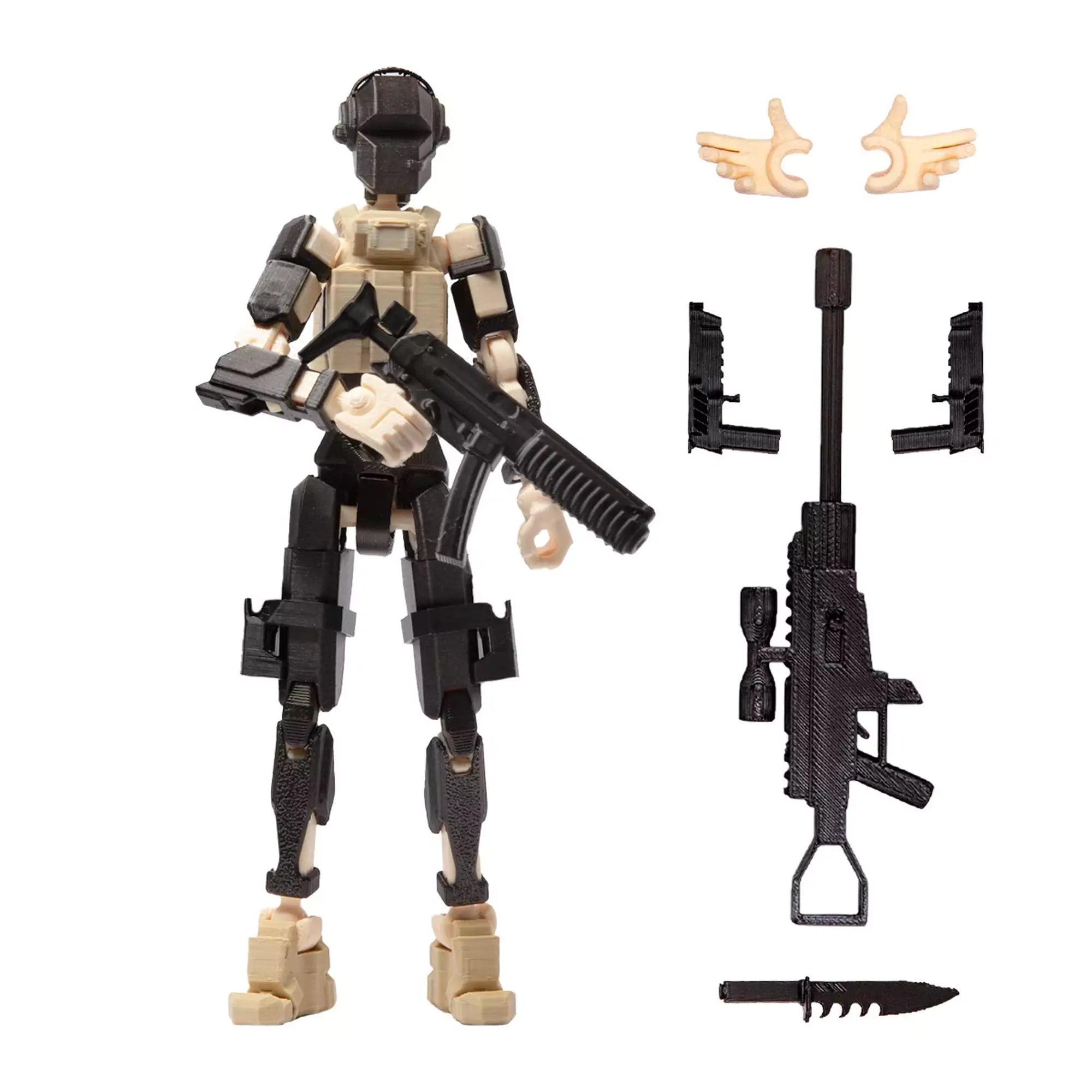 3D Robotfigura R13: Kommandó típus, metalizált fekete-krém fegyverekkel és cserélhető kezekkel, akcióra készen.