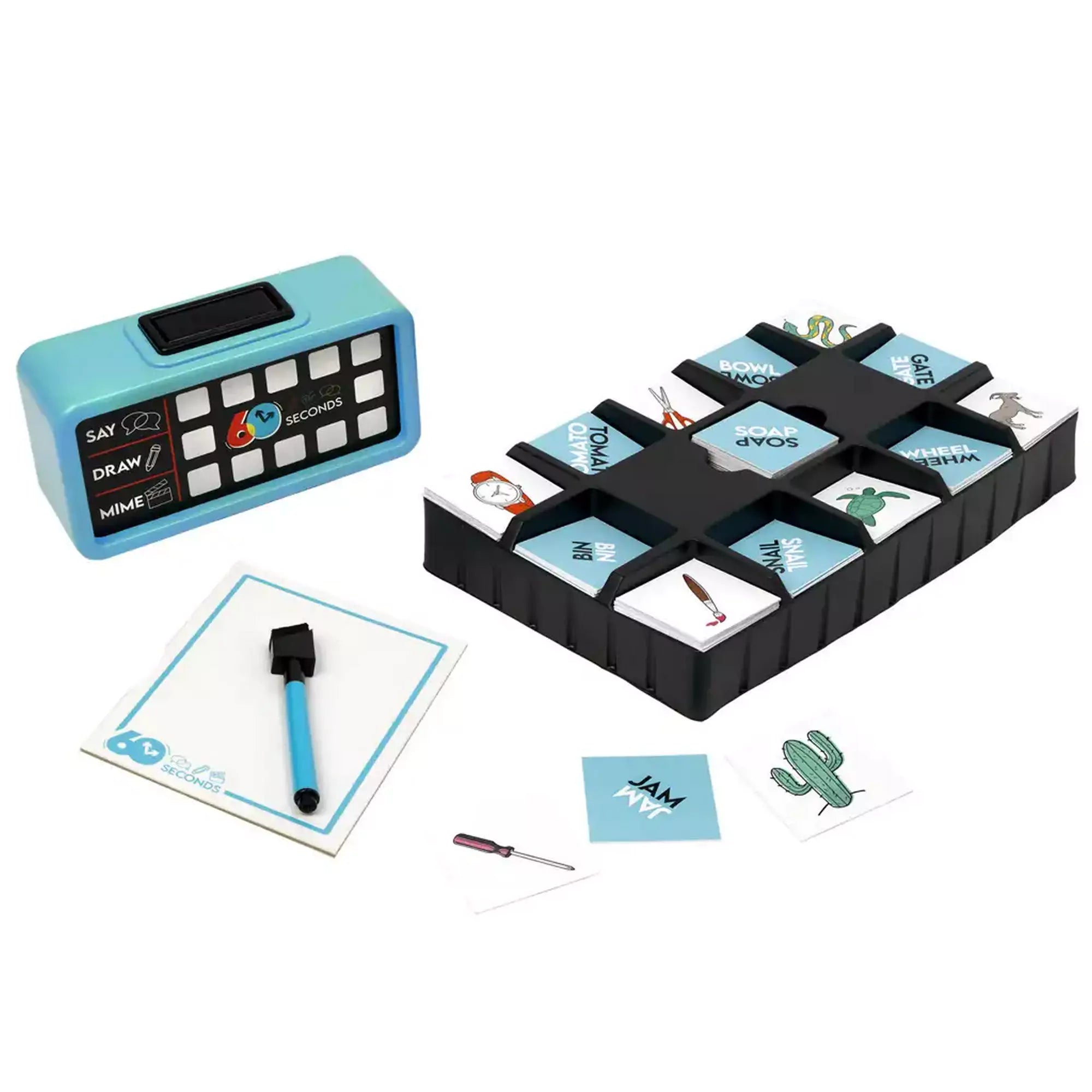 A játék eszközei: időmérő, kártyák, rajztábla és filctoll, amelyekkel szavakat kell mutogatni, rajzolni vagy elmagyarázni.