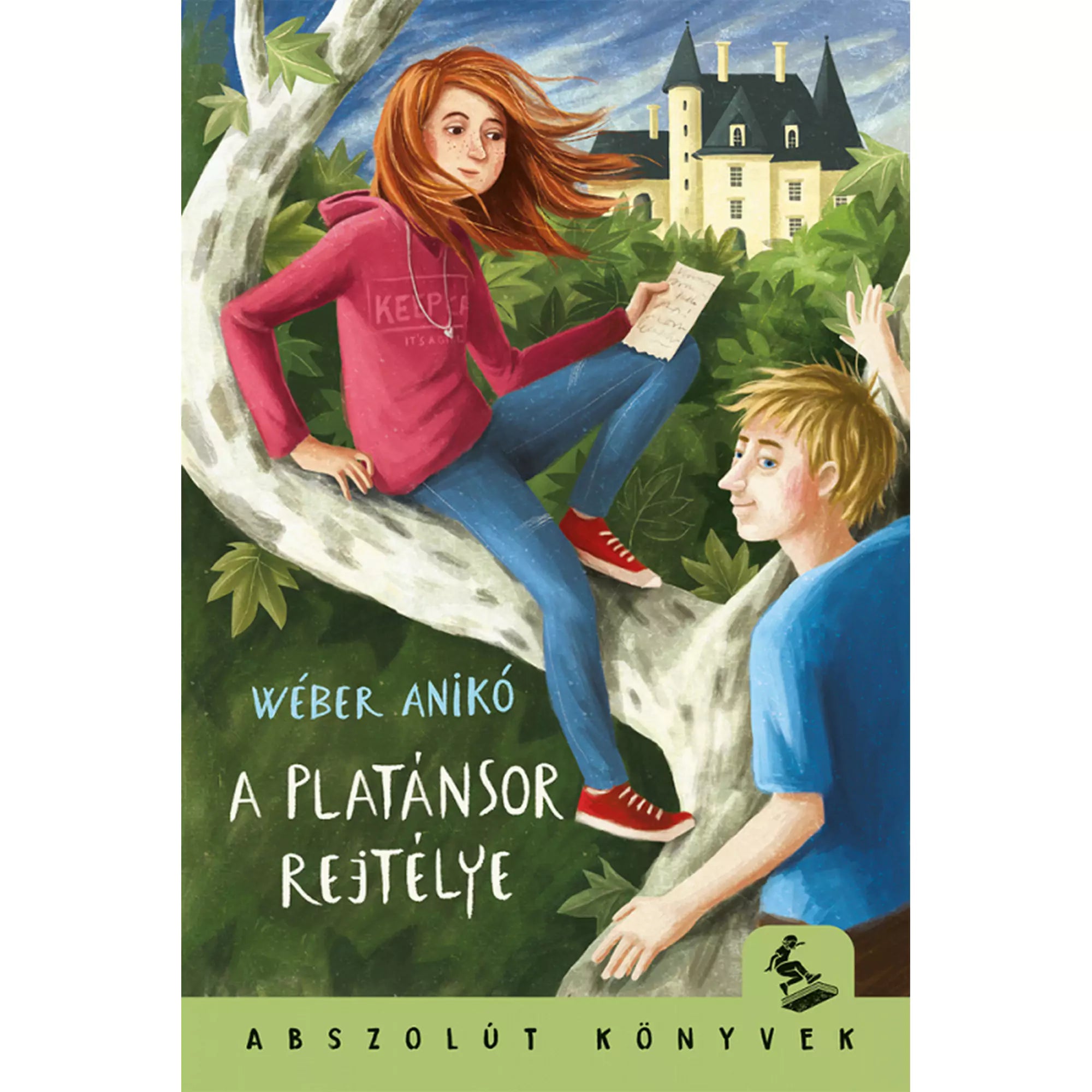„A Platánsor rejtélye” című könyv borítója, amelyen egy lány és egy fiú ül egy faágon, a háttérben kastély, a lány kezében titokzatos levéllel.