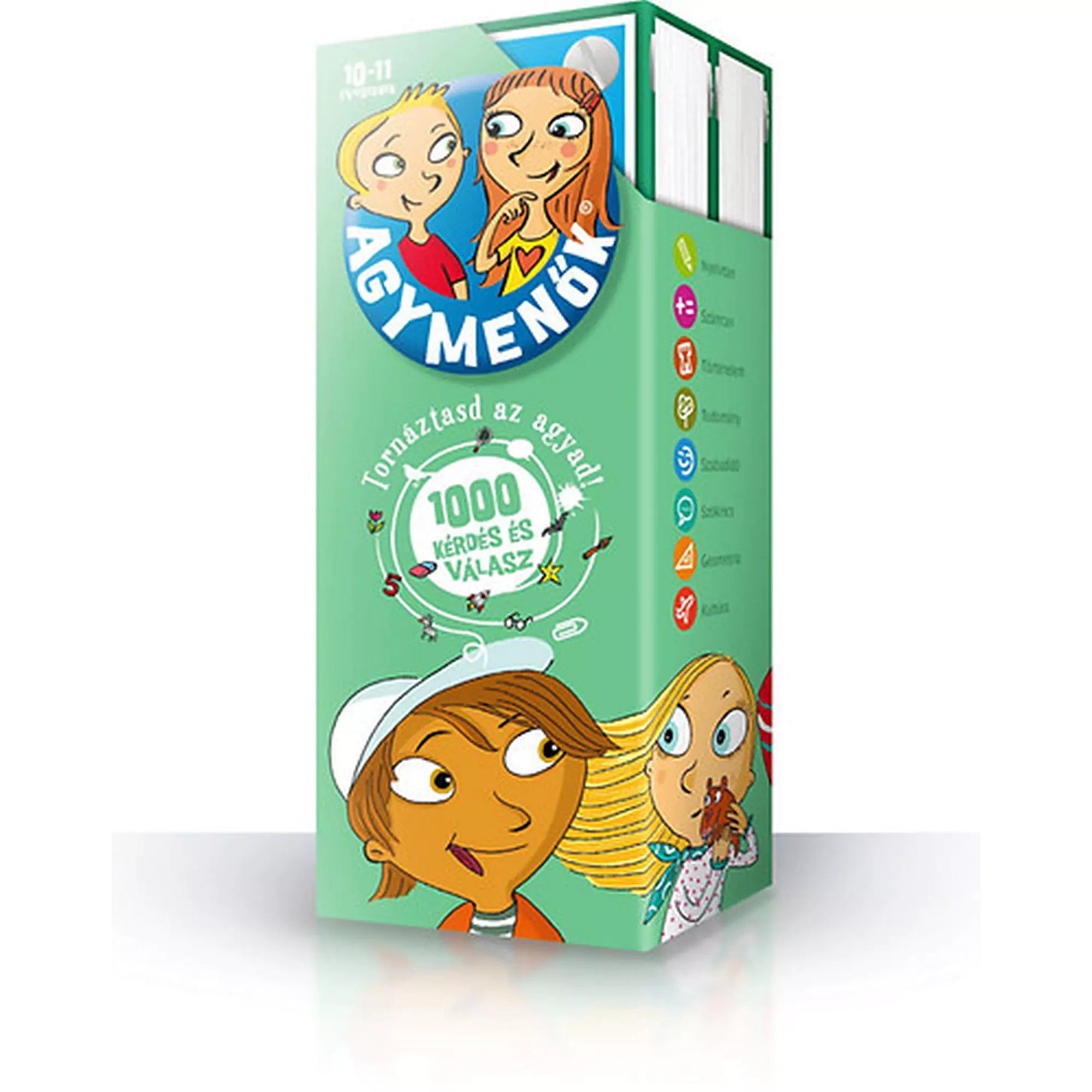 Zöld színű „Agymenők” kvízjátékdoboz 10–11 éveseknek, vidám rajzolt gyerekfigurákkal díszítve; a dobozon „1000 kérdés és válasz” felirat látható.