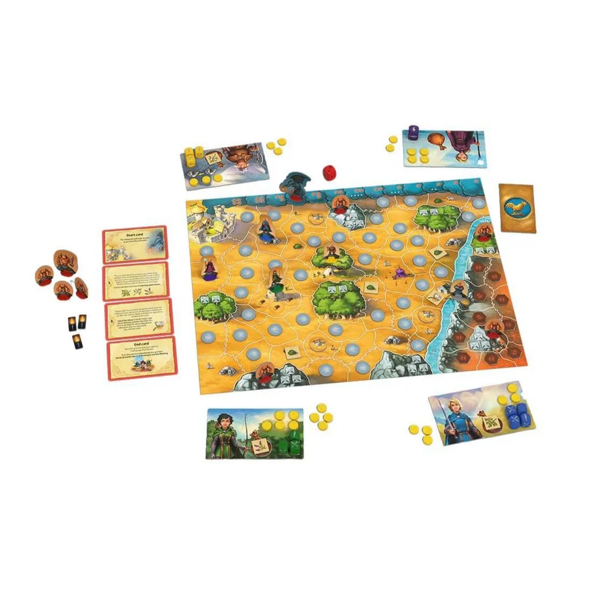 Az Andor: The Family Fantasy Game társasjáték kiterítve, játéktáblával, figurákkal, kártyákkal és zsetonokkal.