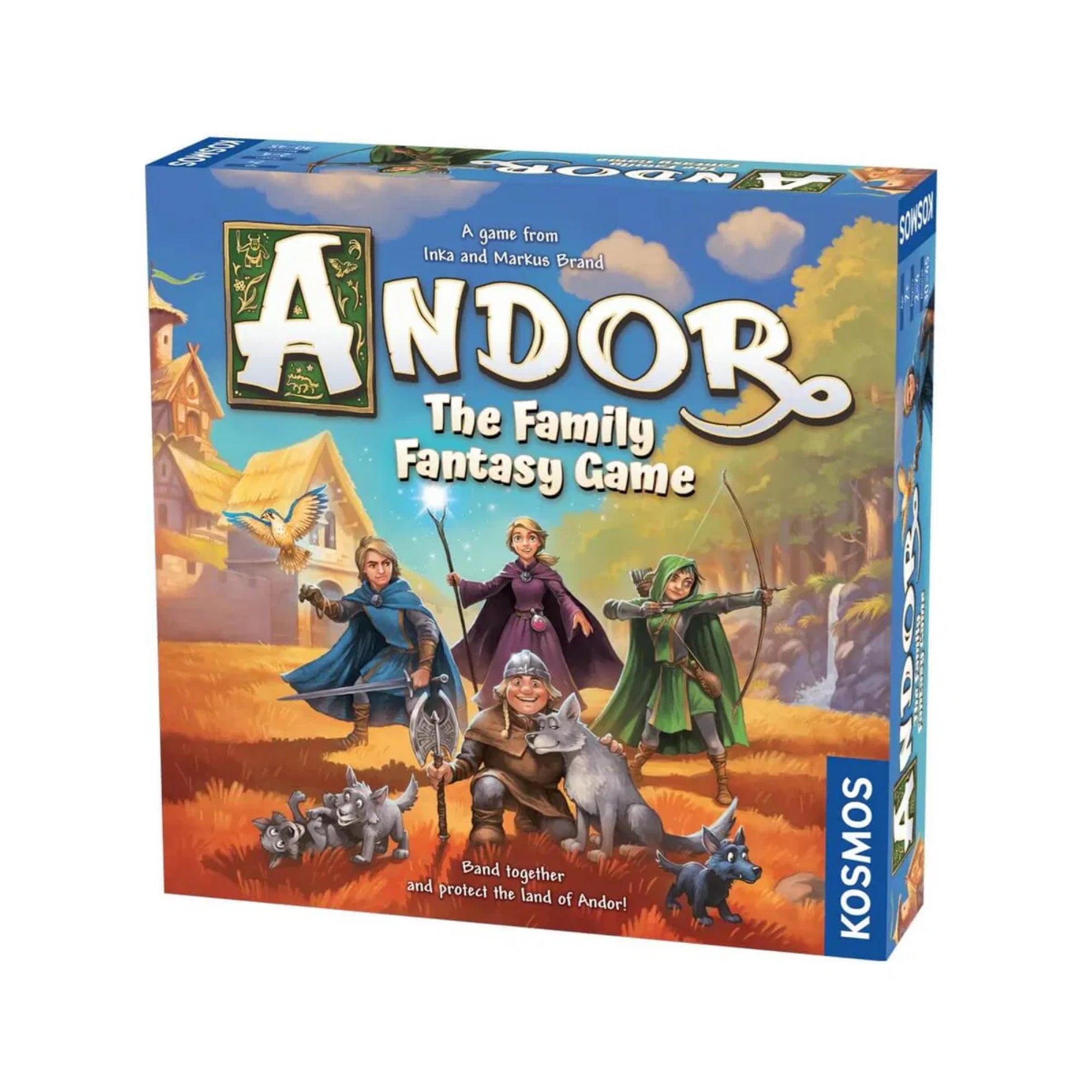 Az Andor: The Family Fantasy Game színes doboza, hősökkel és farkasokkal a borítón.