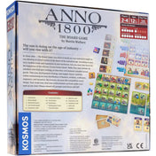 Az Anno 1800 társasjáték dobozának hátoldala, játékelemekkel és részletes leírással.