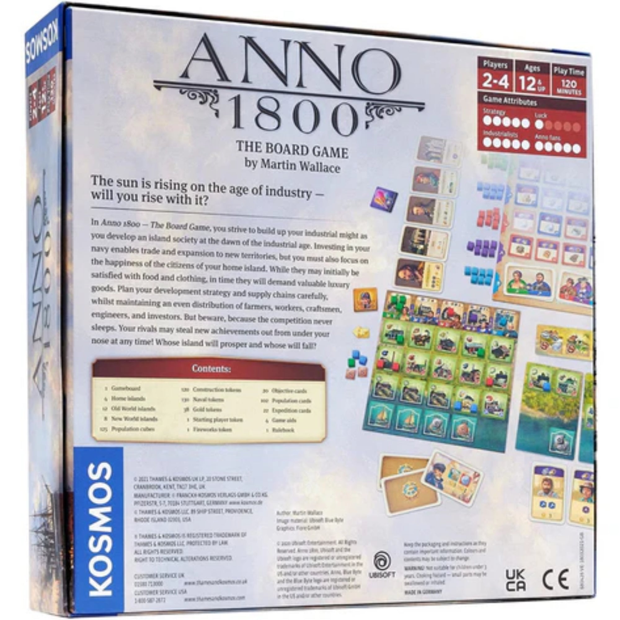 Az Anno 1800 társasjáték dobozának hátoldala, játékelemekkel és részletes leírással.