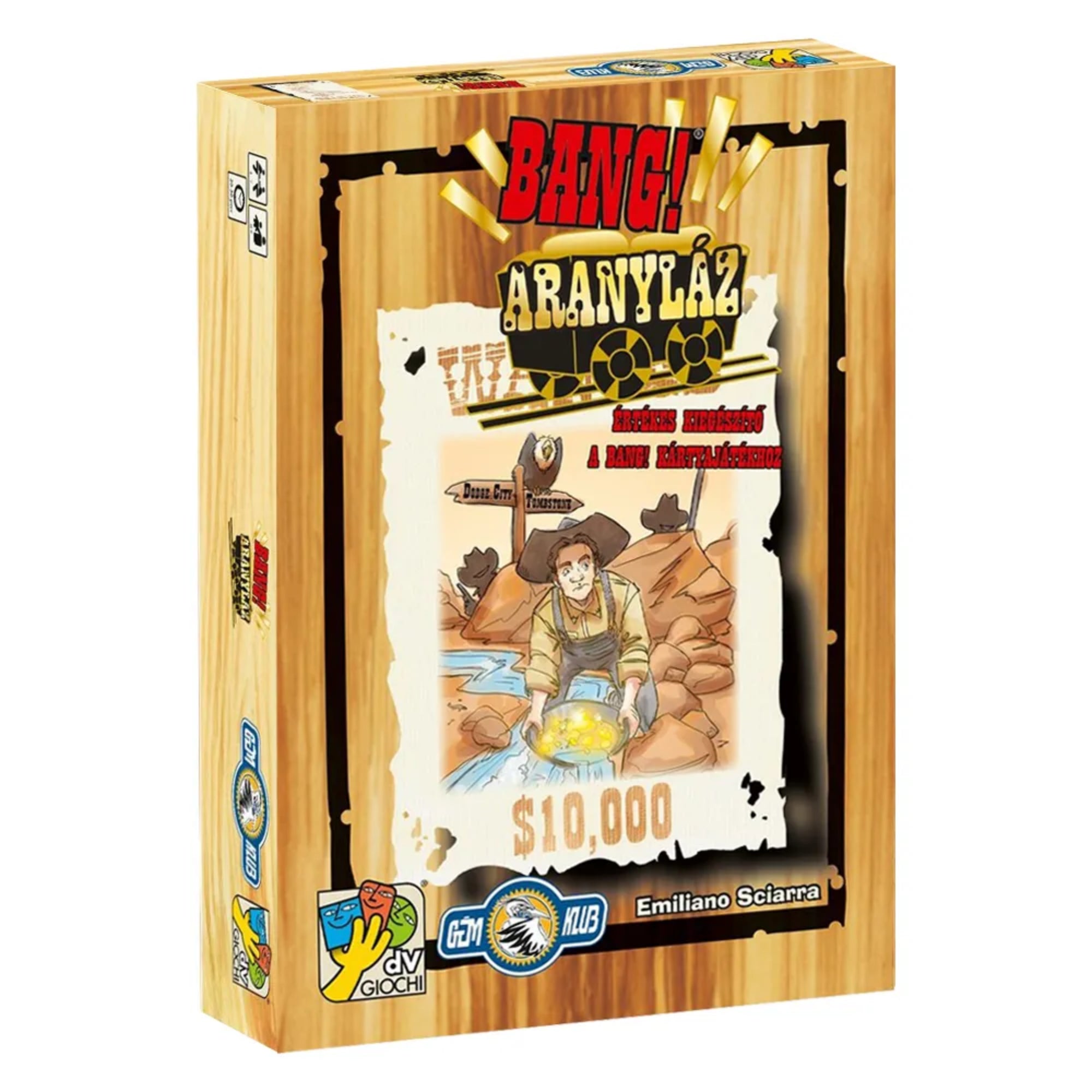 A Bang! Aranyláz kiegészítő doboza, amelyen egy aranyat mosó cowboy látható, fa mintázatú dizájnnal és a $10.000 felirattal.