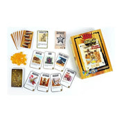 A Bang! Aranyláz kiegészítő különféle kártyái közelebbről: például Álomfogó, Rum, Aranyláz, Partner és Fegyveröv, sárga aranyrögökkel.