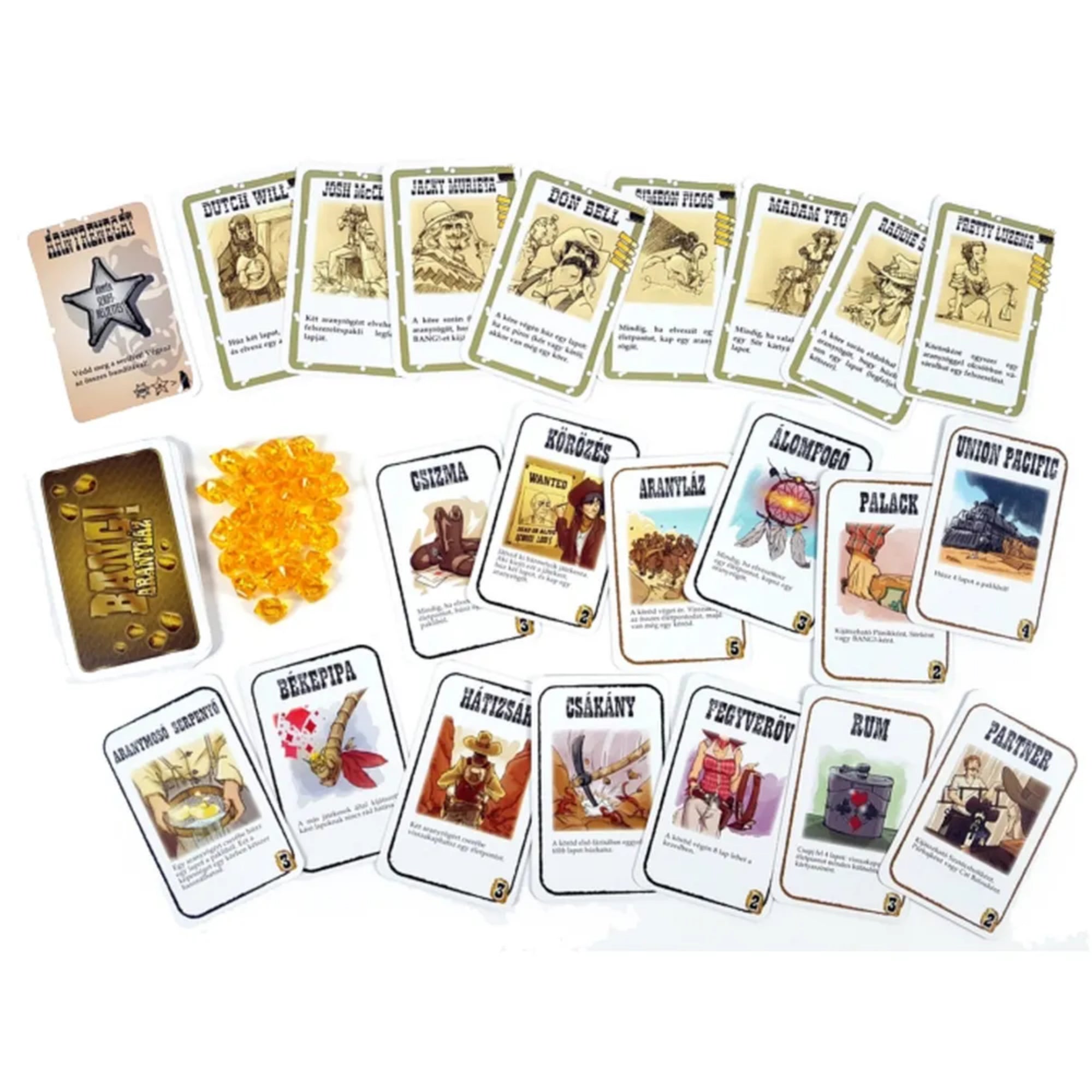 A Bang! Aranyláz kiegészítő tartozékai: karakterkártyák, eseménykártyák, sárga aranyrögök, különféle új akciókártyák, valamint egy pakli hátoldala.