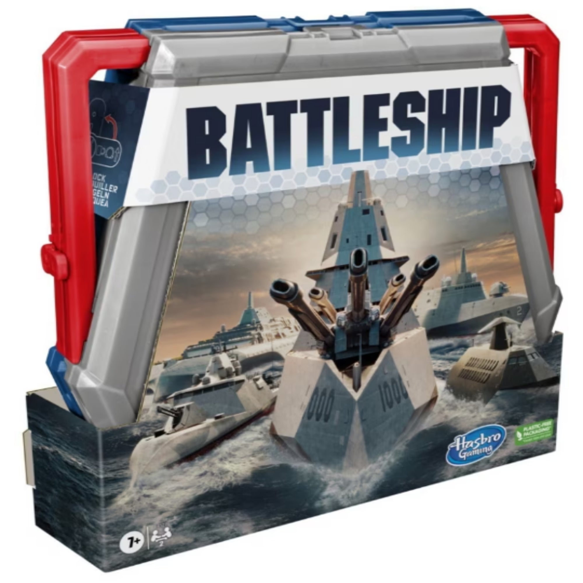 Battleship – Csatahajó társasjáték doboza zárt állapotban, modern hadihajókkal illusztrált borító, Hasbro logóval és 7+ korhatár megjelöléssel.