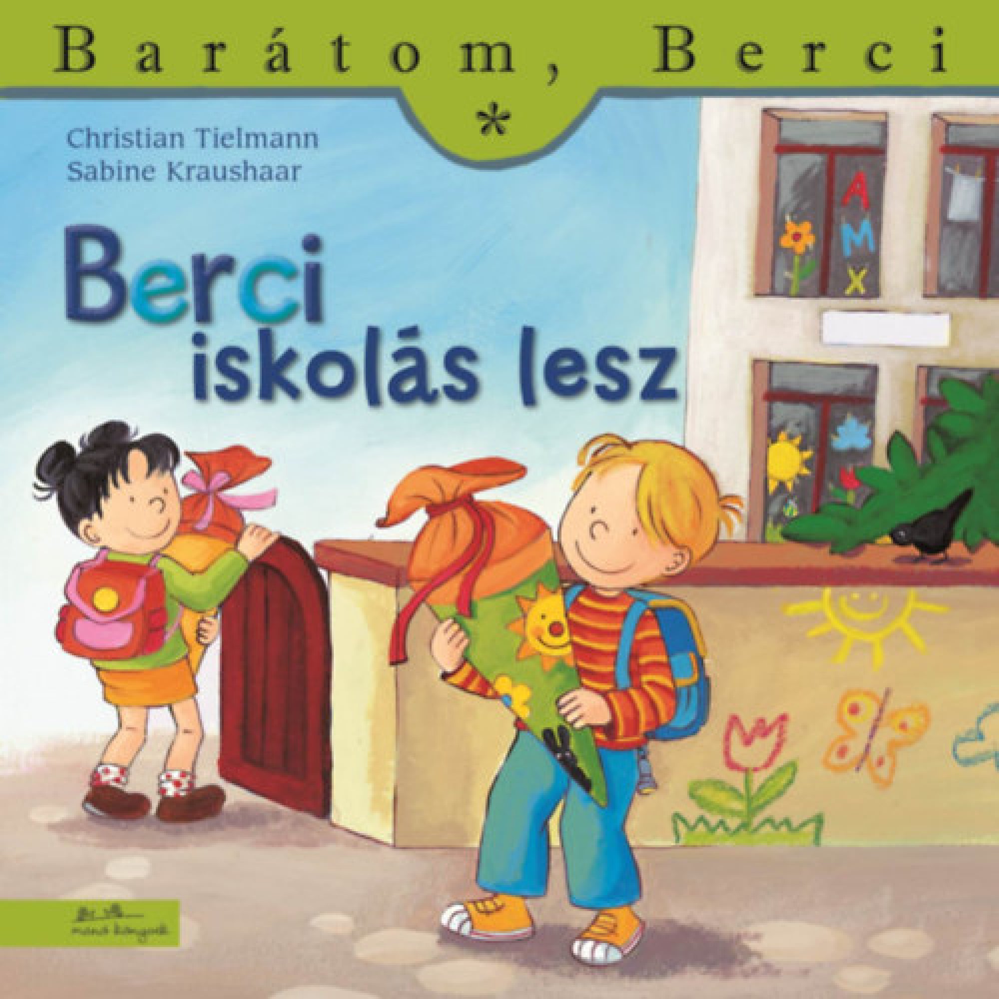 „Berci iskolás lesz” című könyv borítója a Barátom, Berci sorozatból. A képen Berci és egy kislány iskolába indulnak, hátizsákkal és ajándékcsomaggal a kezükben. A háttérben iskolaépület, színes rajzokkal díszített fal, nap, virág és pillangó motívumokkal. A borítón szerepel a szerzők neve: Christian Tielmann és Sabine Kraushaar.