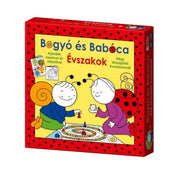 Bogyó és Babóca – Évszakok társasjáték piros dobozban, a borítón a két főszereplő látható, amint egy évszakokat ábrázoló játéktáblán játszanak