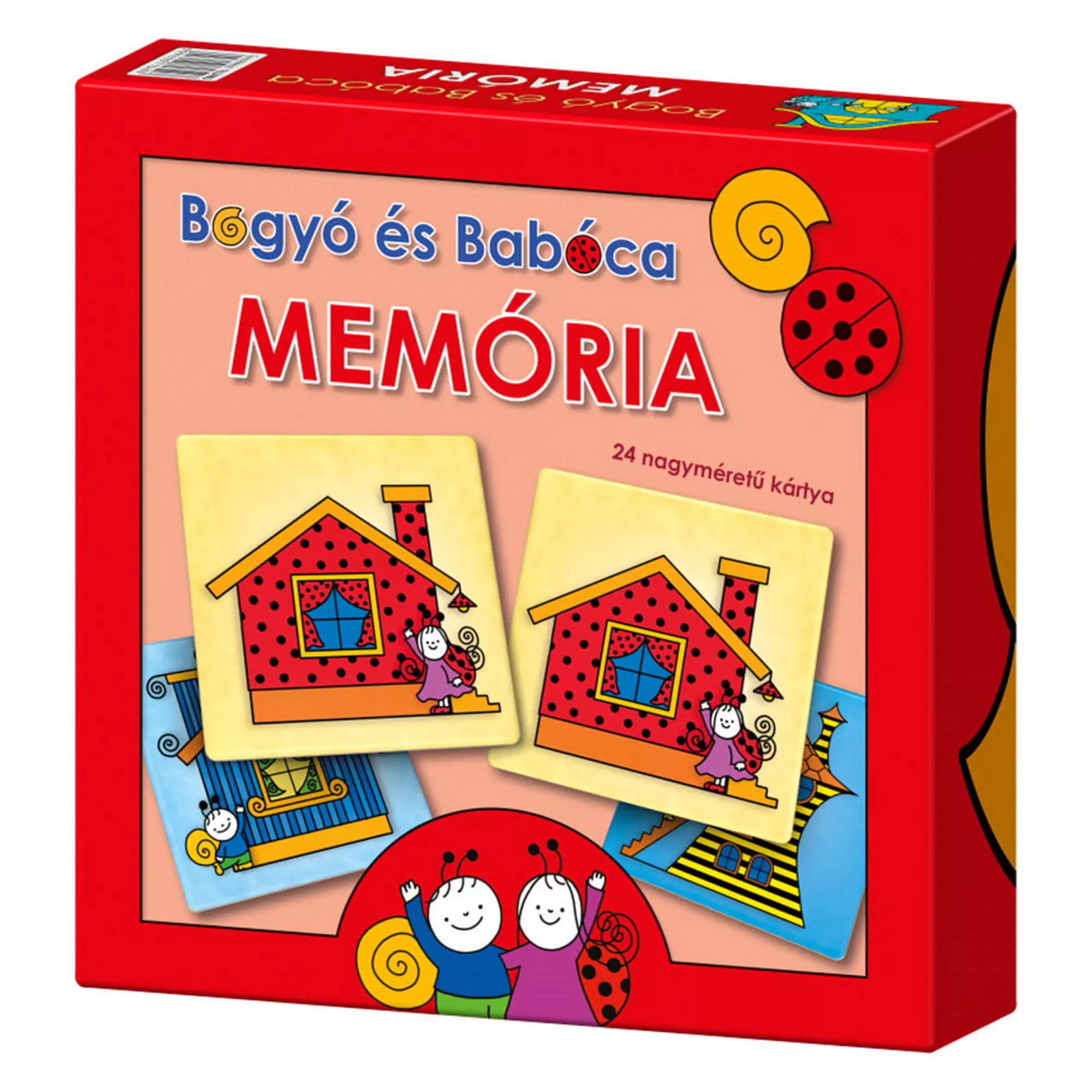 A Keller & Mayer által kiadott Bogyó és Babóca Memória társasjáték piros doboza, amely két azonos házikót ábrázoló kártyát mutat a borítón.
