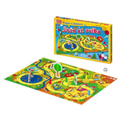 A Bogyó és Babóca: Úton az oviba társasjáték színes, kihajtott játéktáblája 3D elemekkel, bábukkal, fával és szivárvánnyal, mellette a doboz is látható.