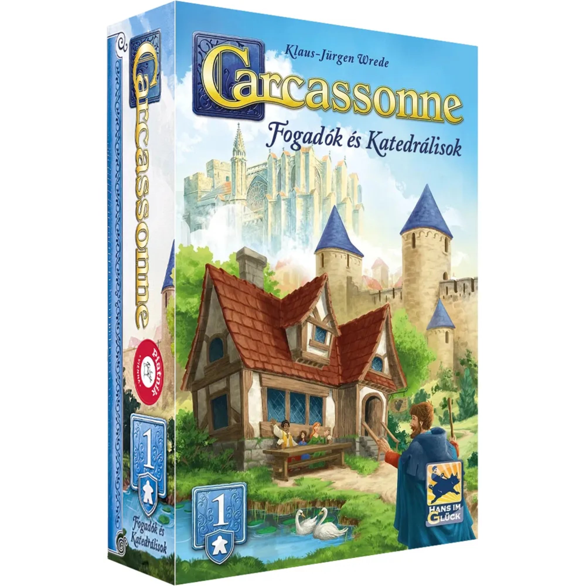 A Carcassonne: Fogadók és Katedrálisok társasjáték kiegészítő doboza, illusztrált borítóval. Előtérben egy fogadó és falusi jelenet látható, háttérben pedig a monumentális katedrális emelkedik a várfalak fölé.