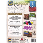 A Carcassonne: Fogadók és Katedrálisok kiegészítő dobozának hátlapja, amely bemutatja a tartalmat: új tájlapkákat, nagyobb követő figurákat, rózsaszín bábukat a 6. játékos számára, valamint pontozólapkákat. Leírás olvasható a játékmenet kiegészítéseiről is.