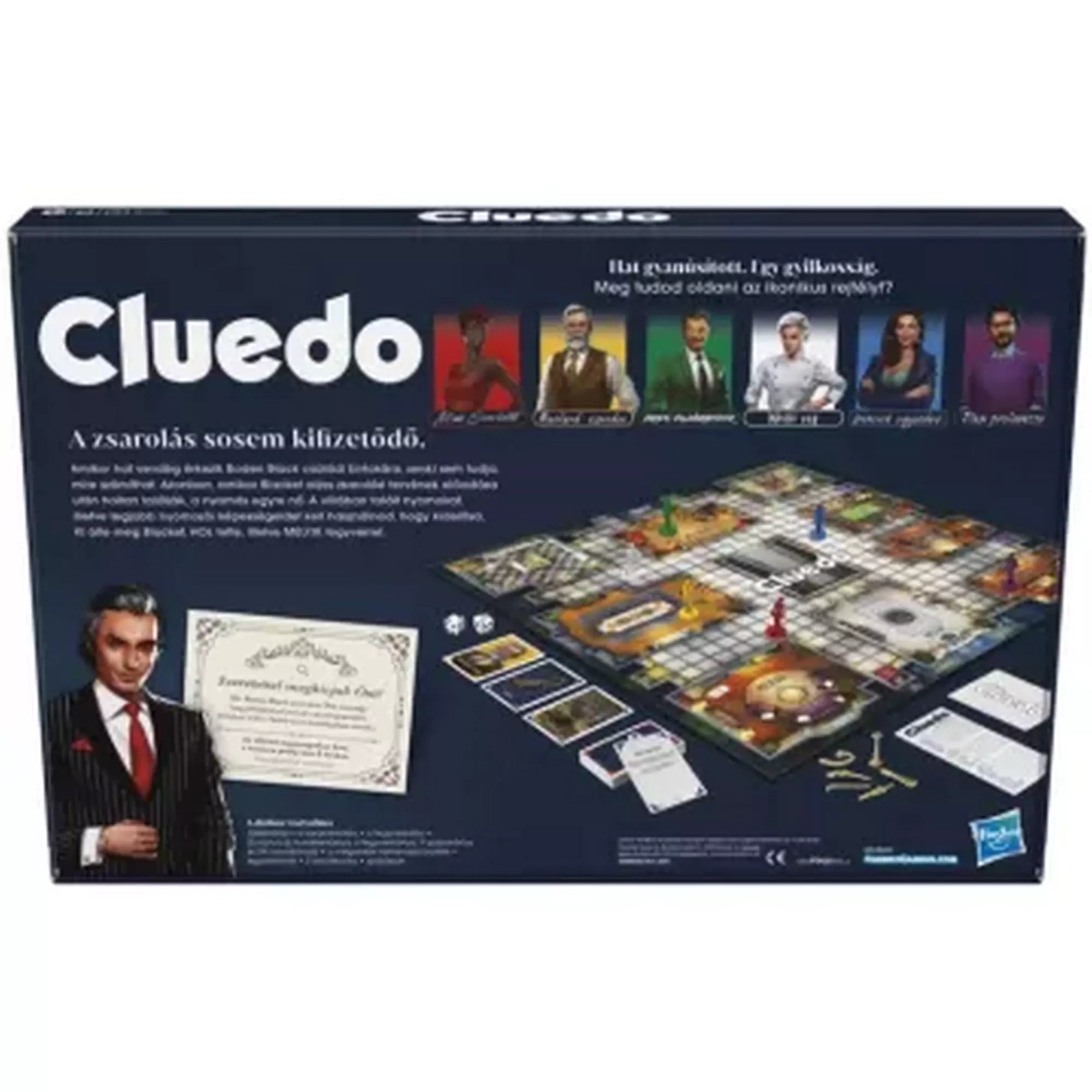 Cluedo társasjáték doboz hátlap – A Cluedo játék hátoldala, bemutatva a játéktáblát, a karaktereket, kártyákat és a játékelemeket.