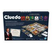 A Cluedo – Újított kiadás hátoldala, a játéktábla és a karakterek bemutatásával.