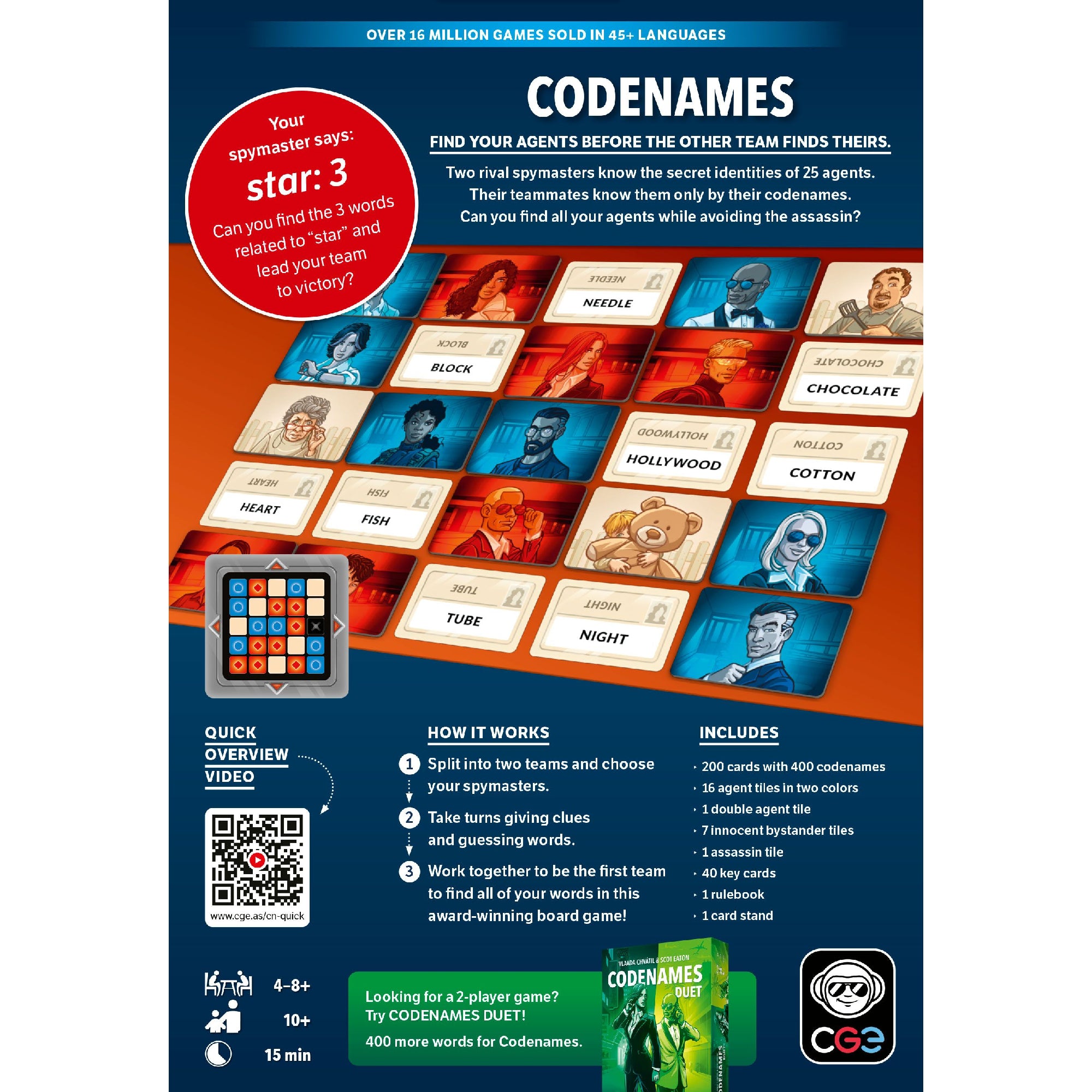 A Codenames társasjáték dobozának hátoldala, amely bemutatja a játék működését, a szó- és karakterkártyákat, valamint a játékszabály rövid összefoglalóját. A cél, hogy a csapatok kitalálják az ügynökök fedőneveit anélkül, hogy a bérgyilkosra bukkannának.