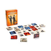 Codenames Pictures társasjáték – a doboz és a játéktér képe kiterített kártyákkal, színes ügynöklapokkal és rejtvénykódkártyával.
