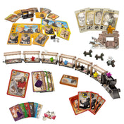 A Colt Express Big Box tartalma, kiterítve: 3D-s vonat, kártyapaklik, játéktáblák, zsetonok, figurák, postakocsi és papírelemek, különböző karakterekhez illusztrált kártyák társaságában.