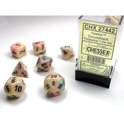 Chessex Festive Circus/black 7-darabos dobókocka készlet – Krémszínű, színes márványmintás poliéderes kockák fekete számokkal, átlátszó műanyag dobozban.