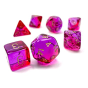 Chessex Gemini Translucent Red-Violet/gold 7-darabos dobókocka készlet – Rózsaszín-lila áttetsző poliéderes kockák arany színű számokkal, különböző formájú dobókockákból álló szett.