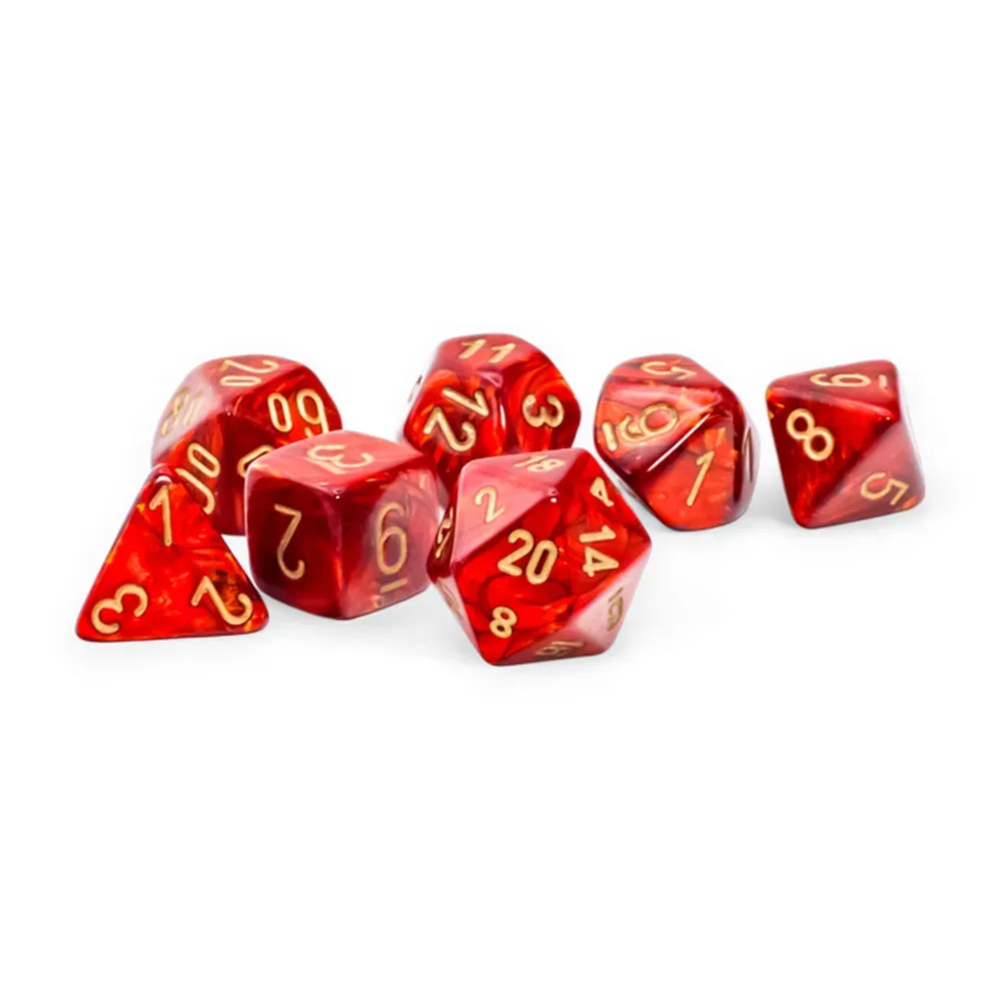 Chessex Scarab Scarlet/gold 7-darabos dobókocka készlet – Ragyogó skarlátvörös kockák arany színű számokkal, különböző poliéder formákban szerepjátékokhoz.