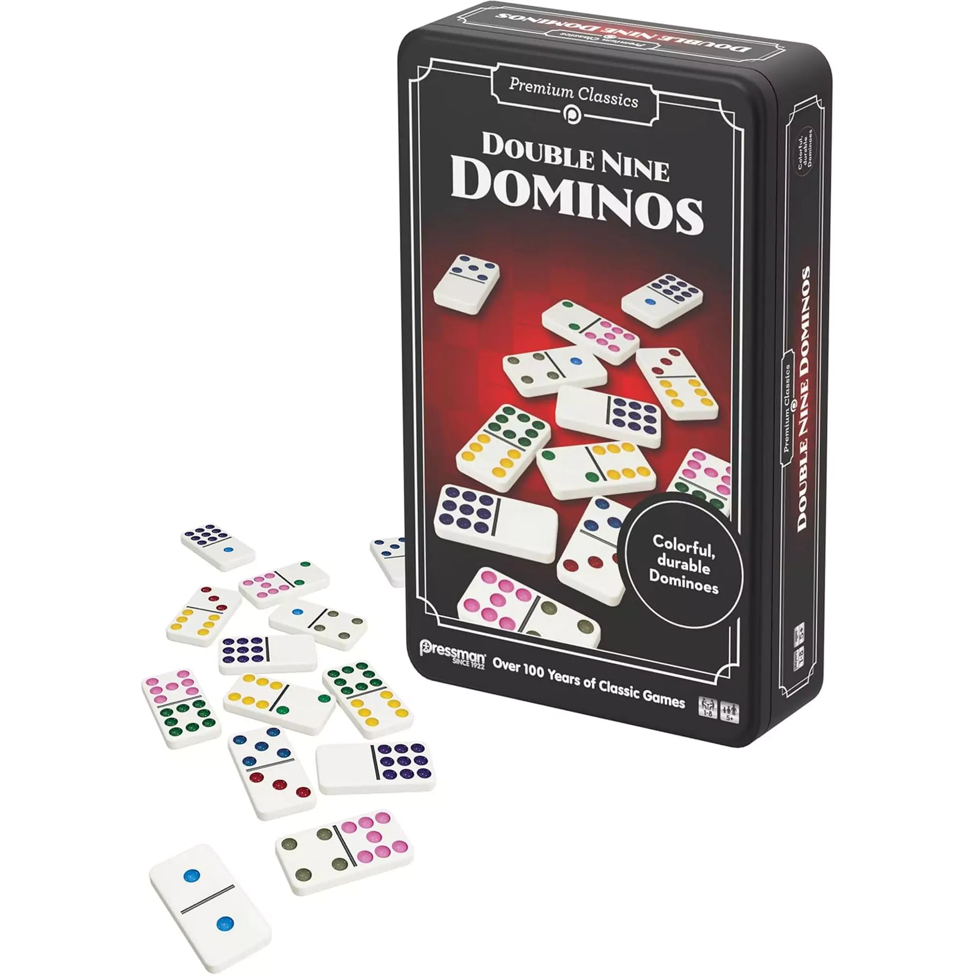 A Double Nine Dominos játék doboza kibontva, mellette színes pöttyökkel ellátott dominólapok szétszórva fehér háttéren.