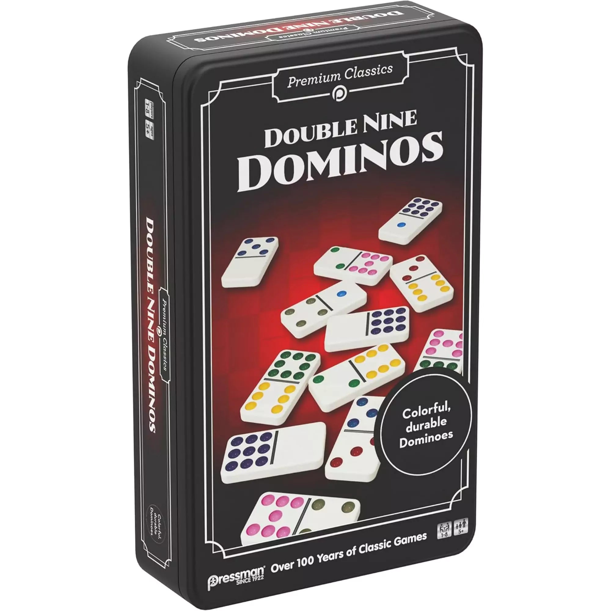Fekete fémdobozos Double Nine Dominos készlet elölnézeti képe, színes pöttyökkel ellátott dominó lapokkal, „Colorful, durable Dominoes” felirattal.