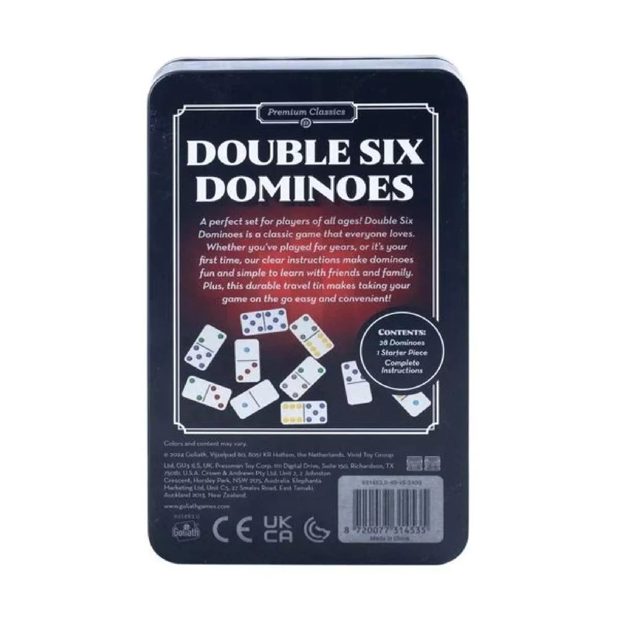 A Double Six Dominoes doboz hátoldala, részletes leírással és dominókészlet tartalmának felsorolásával.