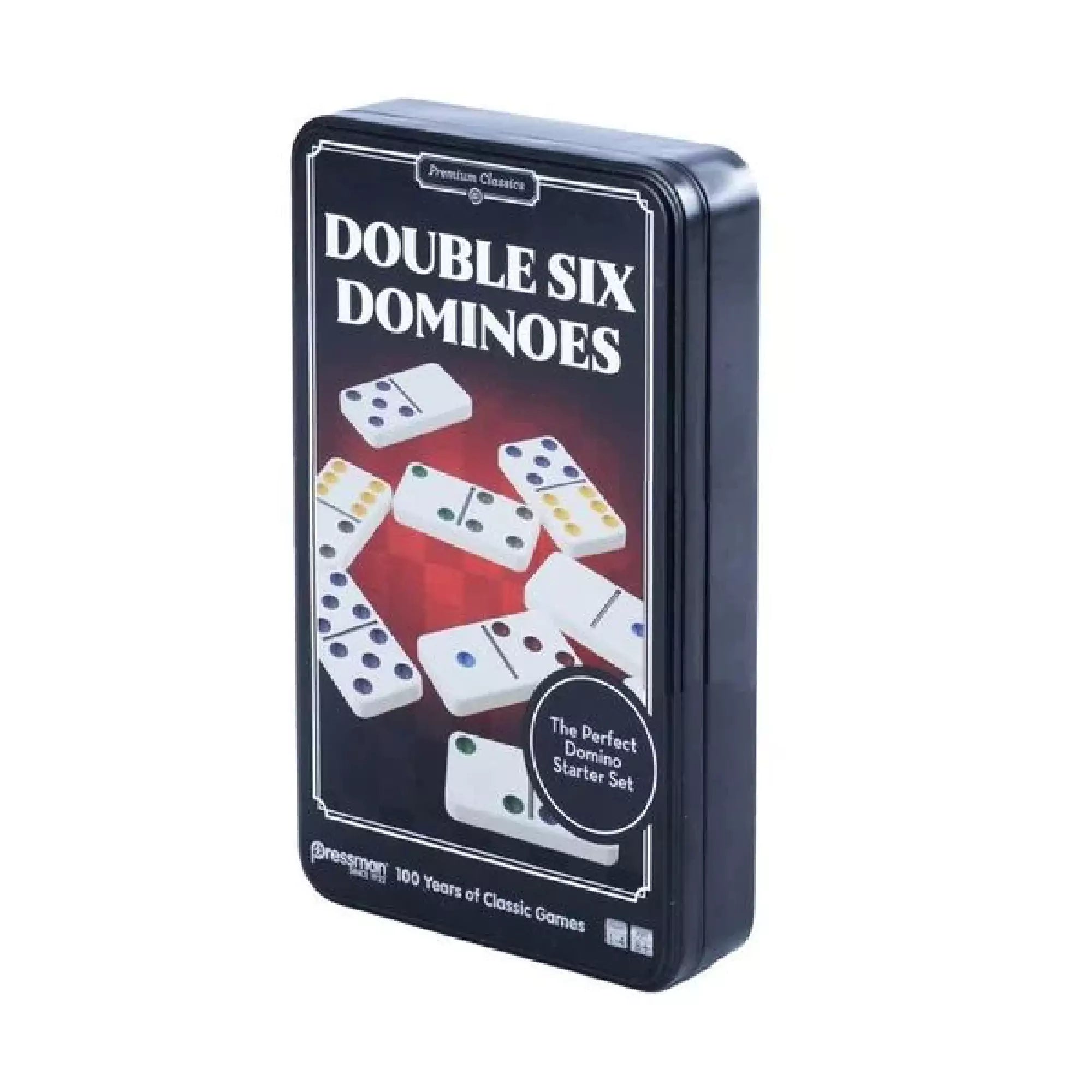 Double Six Dominoes játék fémdobozos csomagolása, színes pöttyökkel ellátott dominókkal és „The Perfect Domino Starter Set” felirattal.