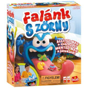 A Goliath Falánk Szörny doboza, amelyen a kék szörny játékfigurákat nyel el, gyerekekkel a játék közben.