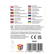 Fekete Péter kártya: Tűzoltó Sam – doboz hátoldala különböző nyelvű játékmegnevezésekkel és gyártói információkkal.