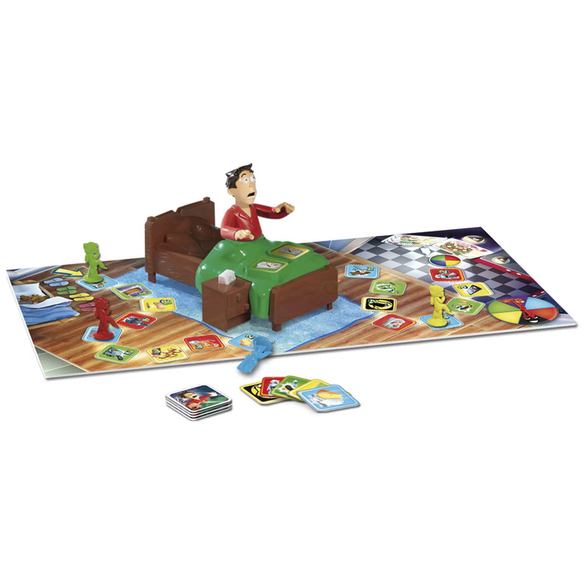 A Fel ne ébreszd Aput! társasjáték kinyitott játéktáblája, középen egy ágyban fekvő figurával és körülötte színes mezőkkel, bábukkal és kártyákkal.