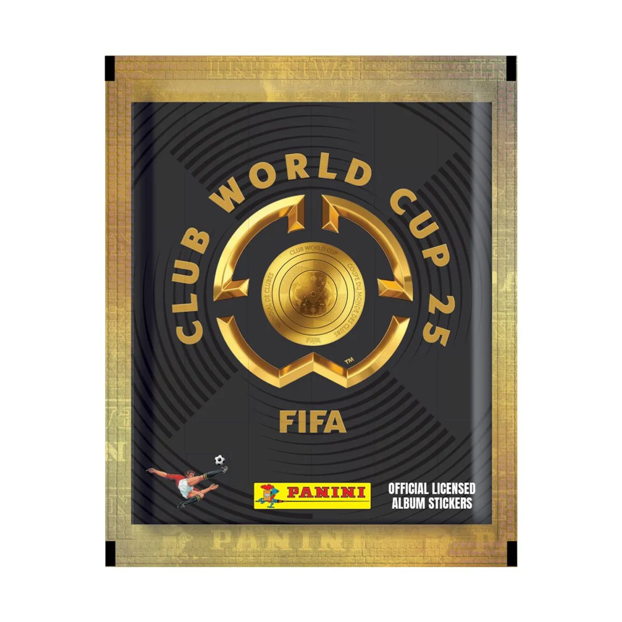 Fekete-arany színű Panini Club World Cup 25 matrica csomag, középen arany FIFA logóval és hivatalos licenc jelzéssel.
