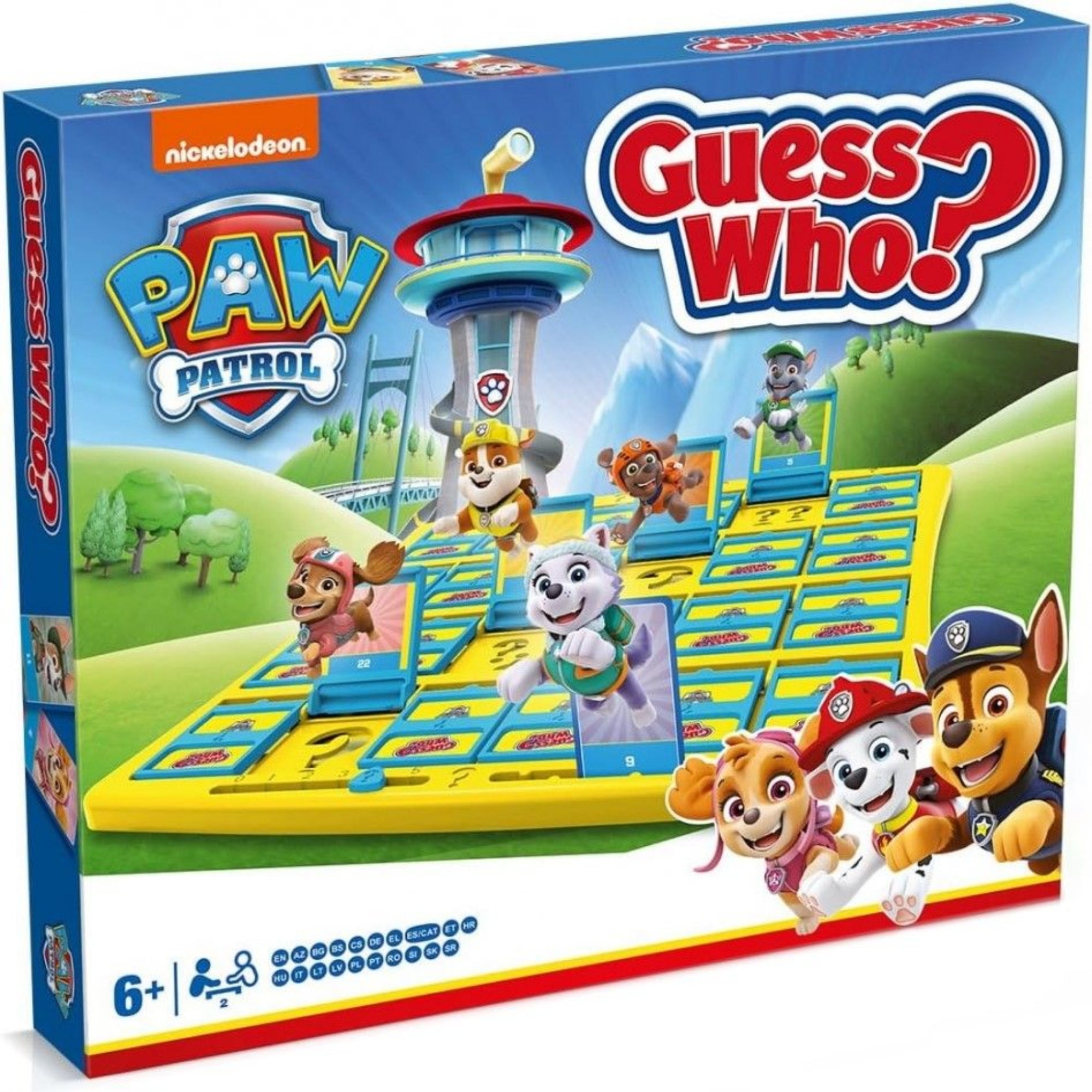 A Guess Who? Paw Patrol társasjáték doboza, élénk színekkel és a Paw Patrol karaktereivel illusztrálva.