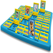 A Guess Who? Paw Patrol társasjáték játéktáblája, amelyen a karakterek képei láthatók, köztük Rocky, Zuma és Chase.