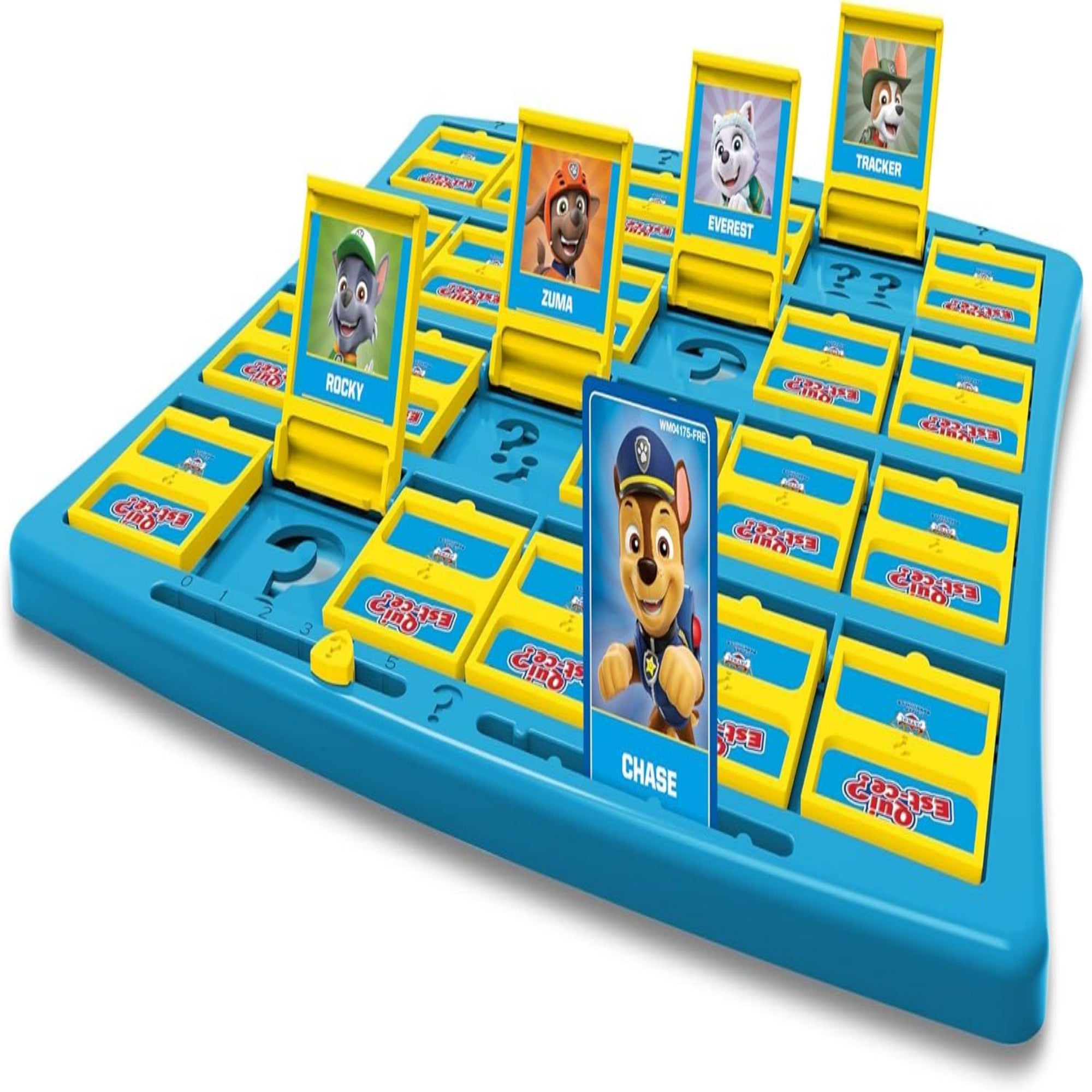 A Guess Who? Paw Patrol társasjáték játéktáblája, amelyen a karakterek képei láthatók, köztük Rocky, Zuma és Chase.