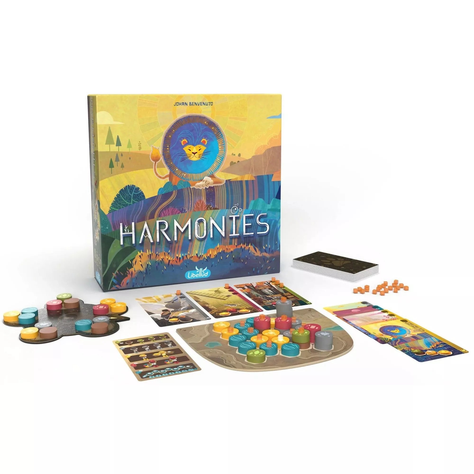 A Harmonies társasjáték teljes készlete: doboz, tábla, kártyák és színes játékelemek.