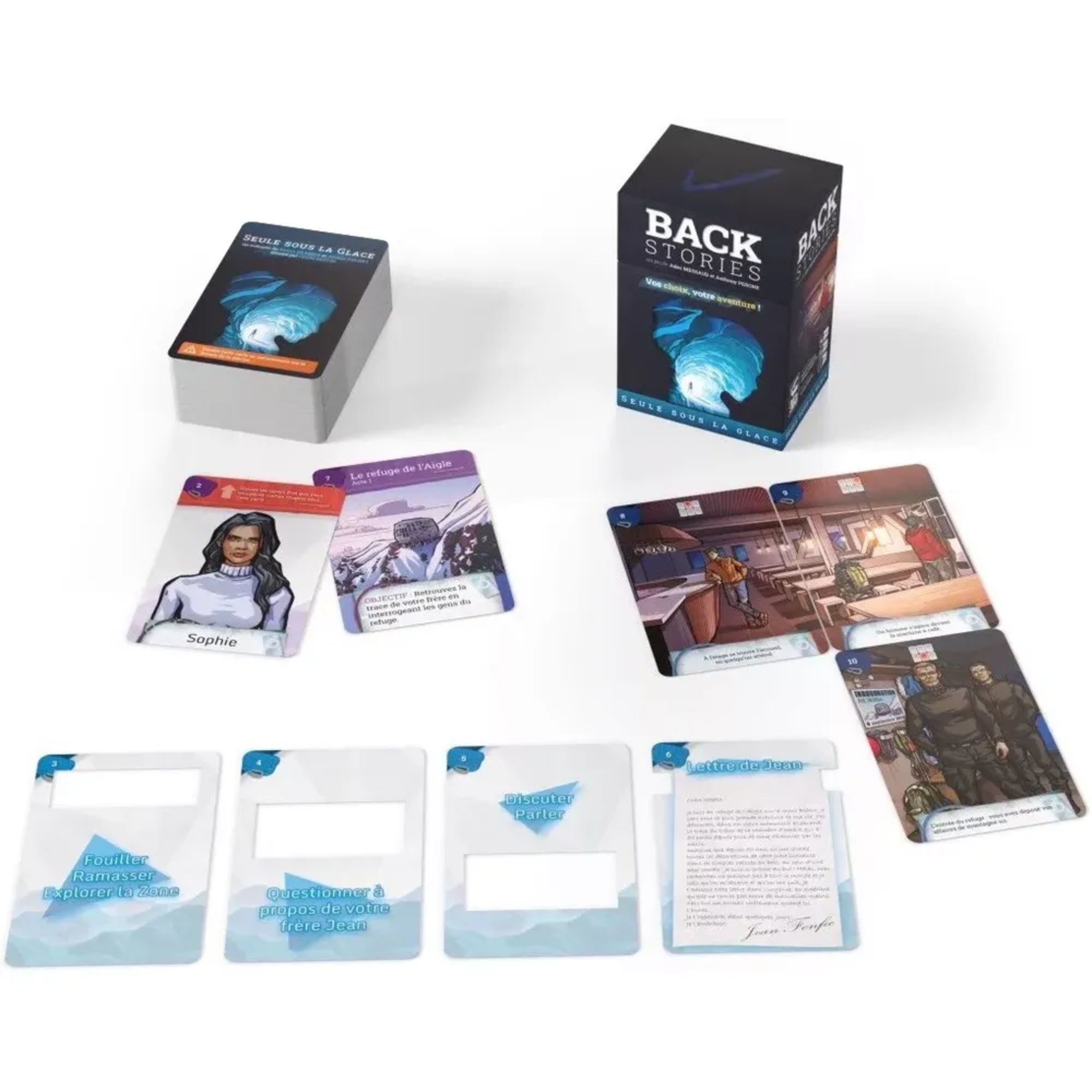 Ez a kép a Háttér sztori: A jég fogságában társasjáték kibontott tartalmát mutatja. A doboz mellett egy pakli kártya, valamint több illusztrált jelenet- és karakterkártya látható, például a „Sophie” nevű karakter portréja és a „Le refuge de l’Aigle” helyszínkártya. A történetmesélő elemeket szöveges kártyák egészítik ki, amelyek különböző döntési lehetőségeket kínálnak a játékosoknak, például kutatás, beszélgetés, kérdezés.