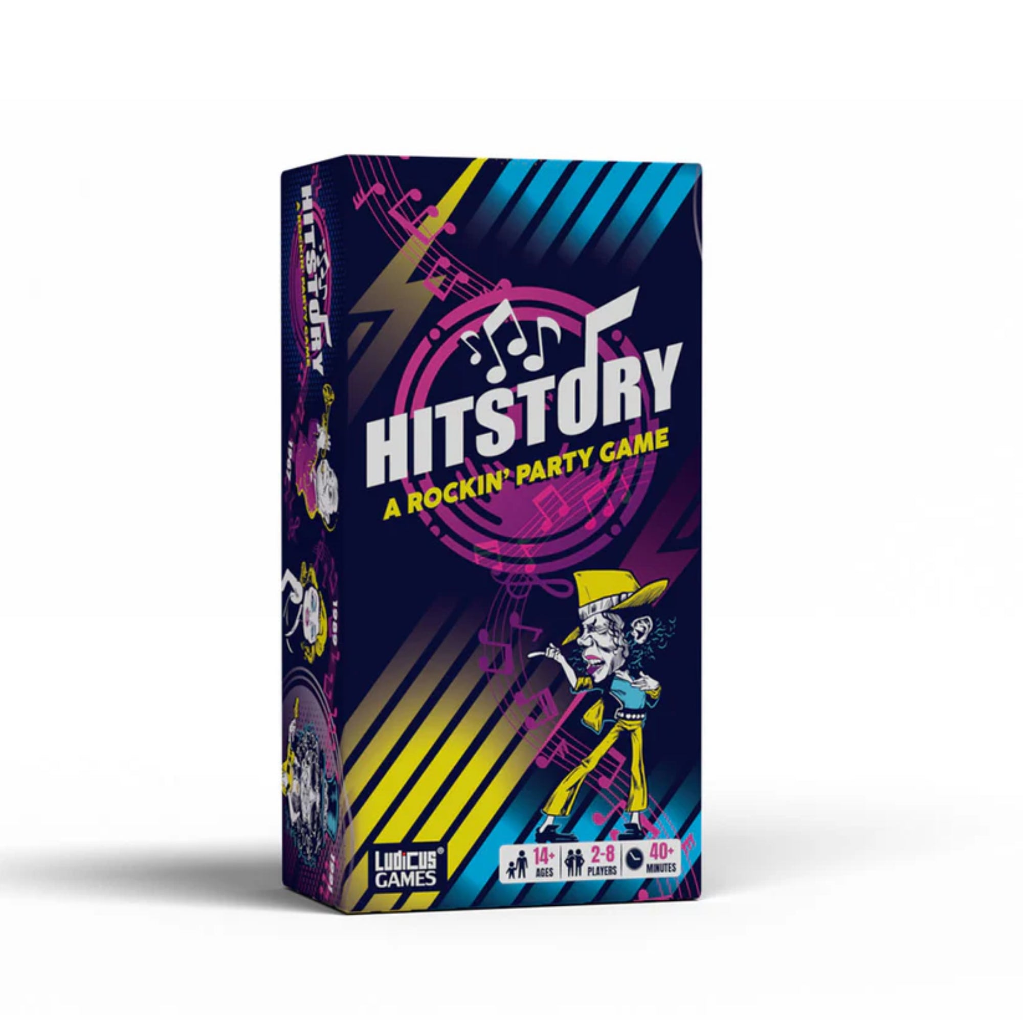 HitStory társasjáték doboza élénk színekkel, zenés grafikákkal, egy karakterrel és a játék logójával; 14+ korosztálynak, 2-8 játékosra, 40+ perces játékidővel.