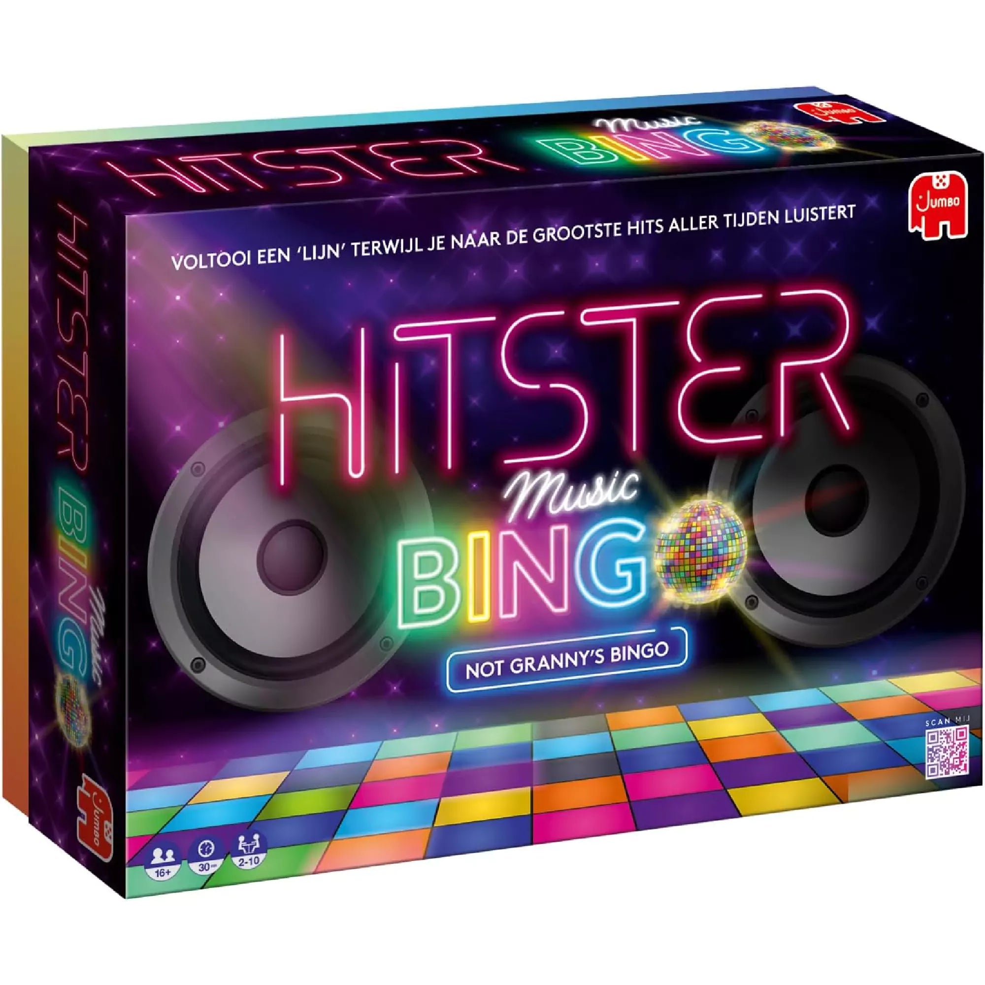Hitster Music Bingo társasjáték doboza, neonfényes logóval, hangszórókkal és színes táncparkettás dizájnnal, a Jumbo kiadásában.