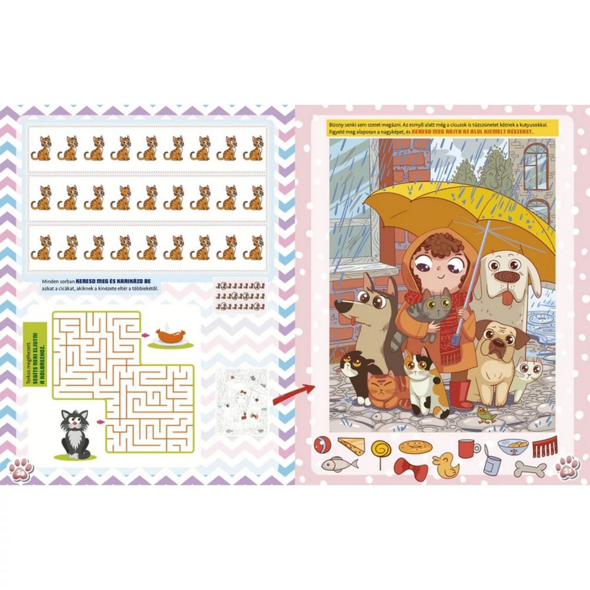 Kiscicát szeretnék könyv - belső oldal játékos feladatokkal: Különböző játékos feladatok, mint például útvesztők és képrejtvények, gyerekeknek.
