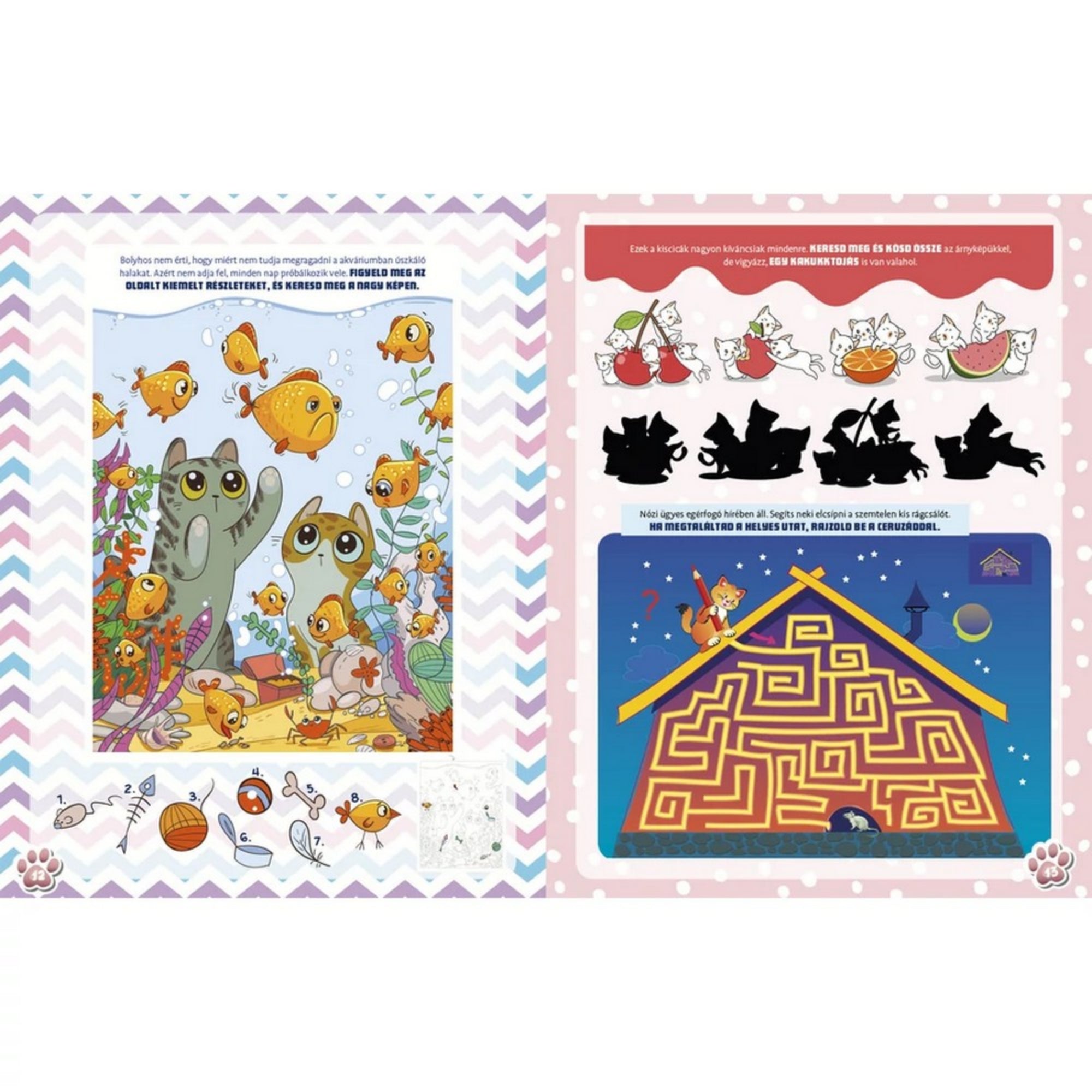 Kiscicát szeretnék könyv - játékos feladatok és árnyképes rejtvények: A kiscicák és árnyképeik párosítását célzó rejtvények a könyvből.