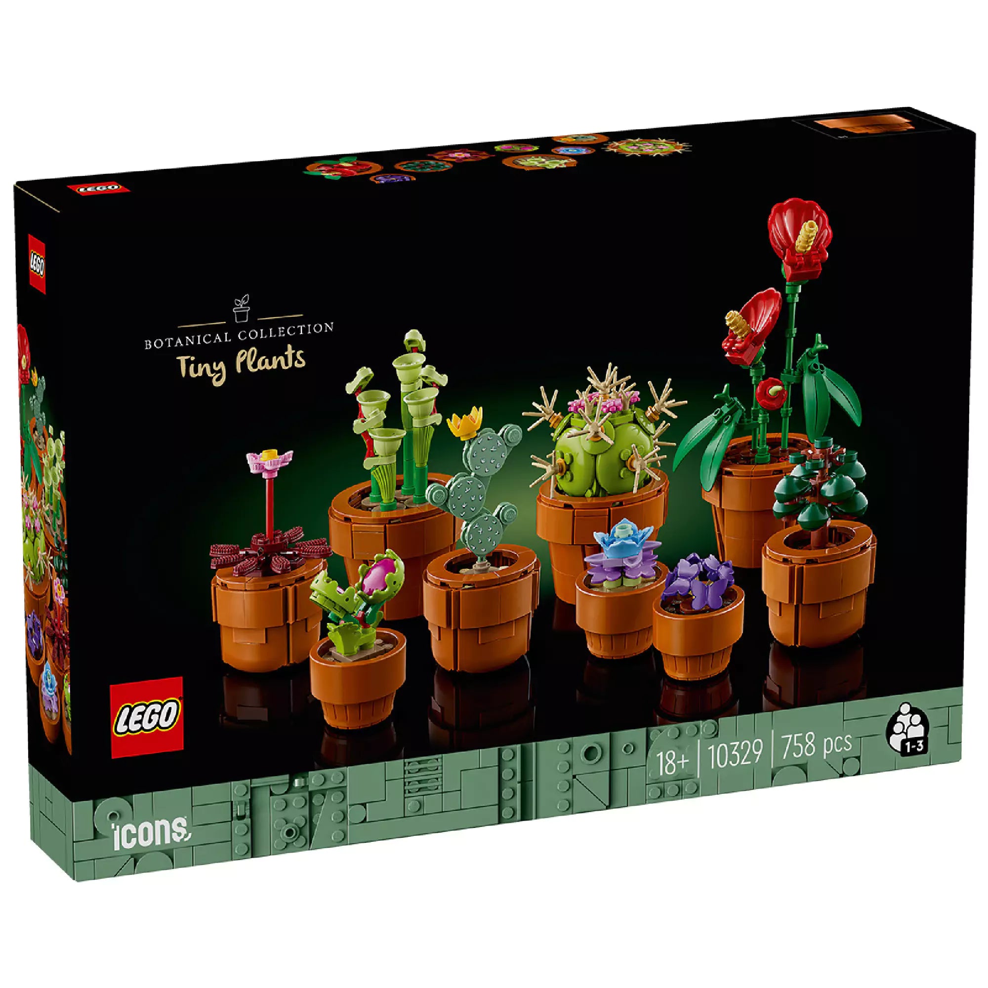 A LEGO Tiny Plants készlet doboza sötét háttérrel, rajta a kilenc különböző virágcserépben lévő miniatűr növény LEGO-építmény. A növények színesek és változatos formájúak, a cserepek barnák, különböző méretűek. A dobozon látható a „Botanical Collection” logó, az „Icons” sorozat megnevezés, valamint az életkor (18+), az elem szám (758 db), és a készlet száma (10329).